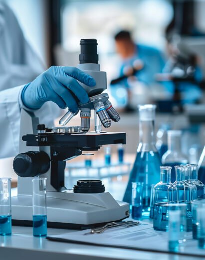 scientist-is-using-microscope-lab-with-blue-liquid